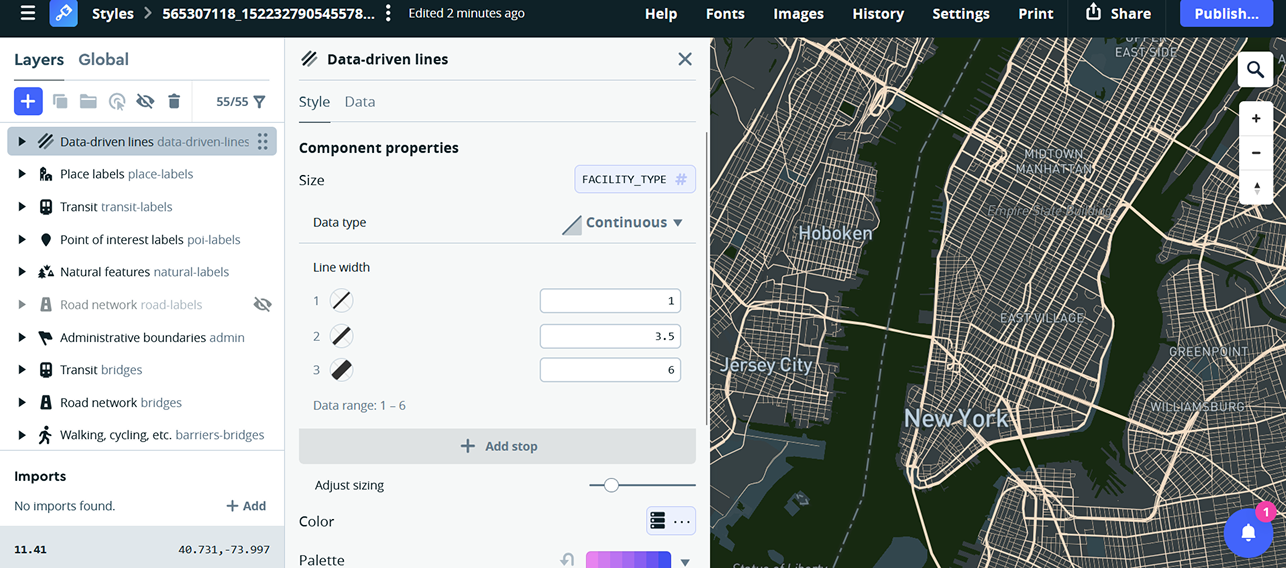Tutorial 2: Mapbox studio: manipulating the data driven line's thickness