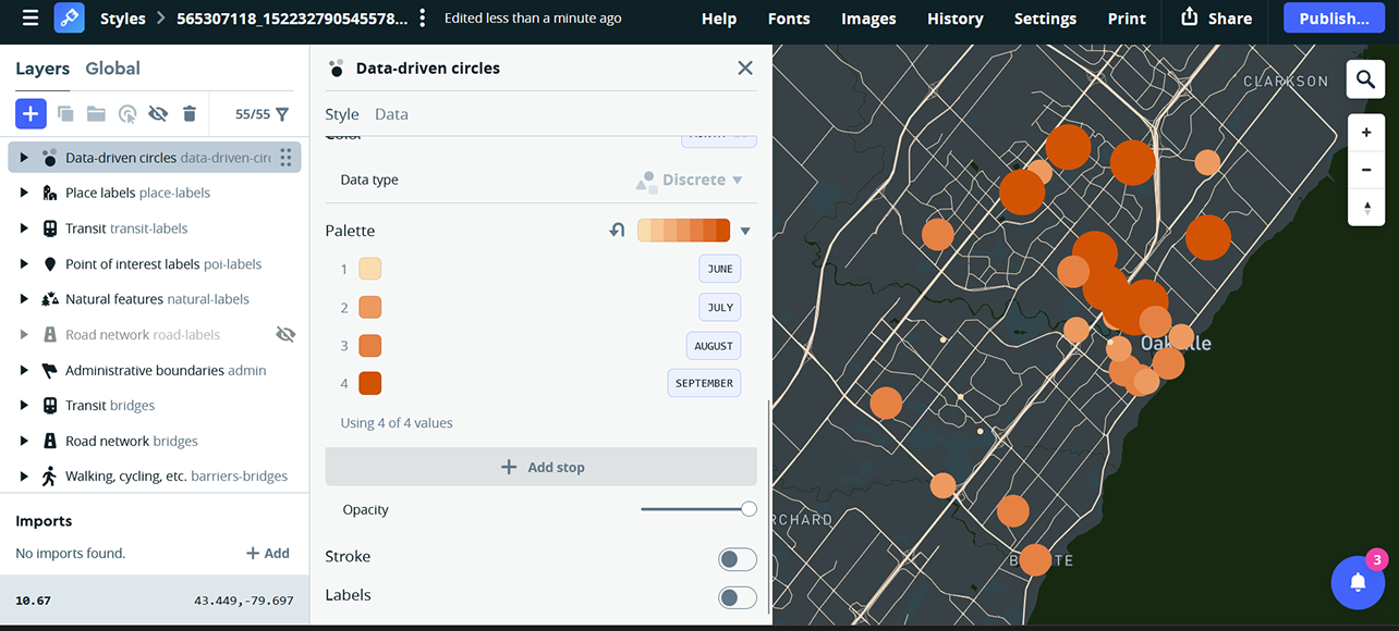 Tutorial 2: Mapbox studio: Coyote sighting: Import data and put data into data driven circles