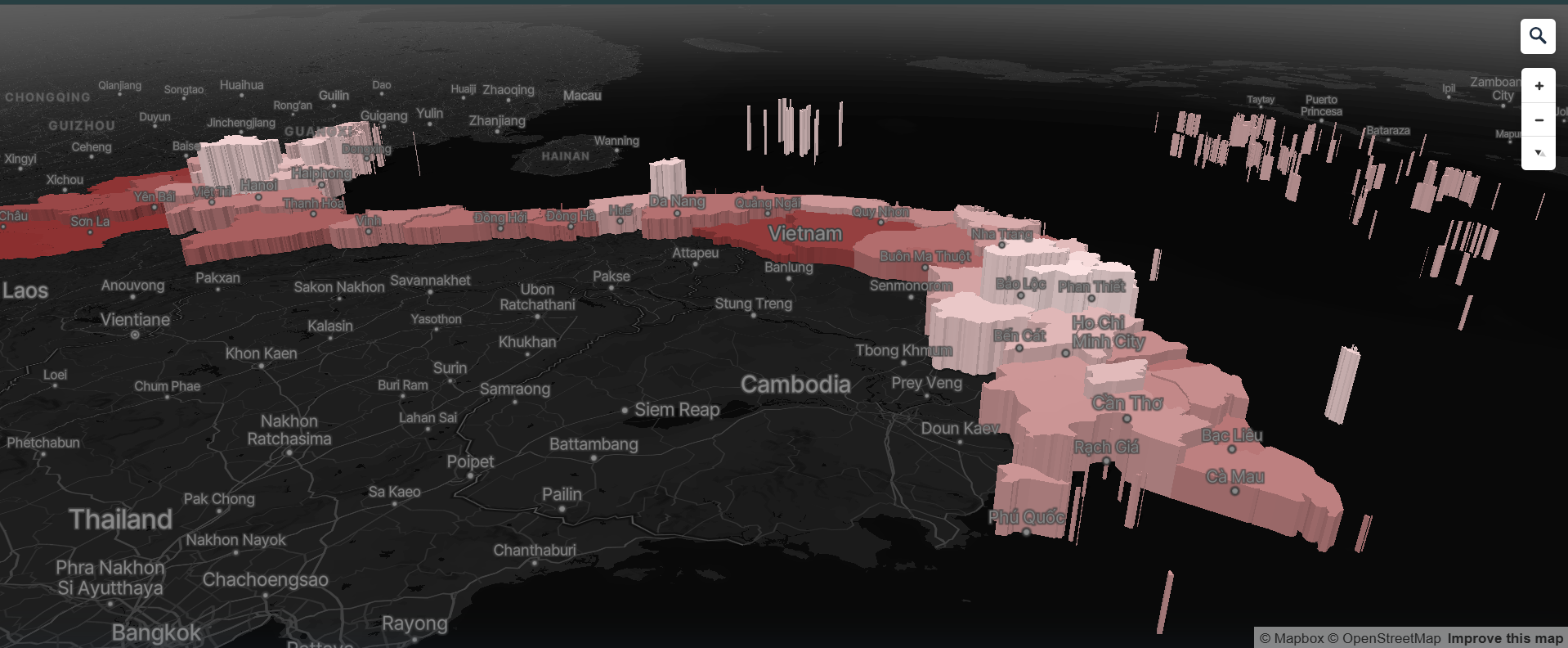 This is the final map visualizing the average monthly income by region in Vietnam (2018) in 3D vertical height, and the percentage of poor households in Vietnam by region (2018) in color from white to dark red. The color red was chosen because it emphasize the severity of how much poor people there are in Vietnam. There seems to be no way for me to put the map legend and information to the map using Mapbox